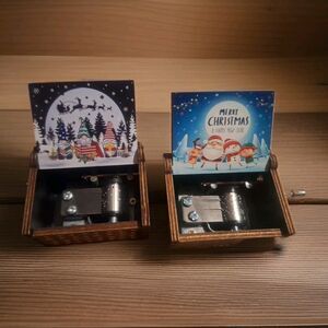 x2 Hand Cranked Wooden Mini Music Boxes Christmas 2x2.5x1.5” Set Of 2 - NEW